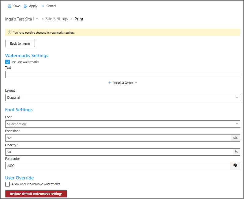 Use this settings page to configure watermarks for the generated PDF.