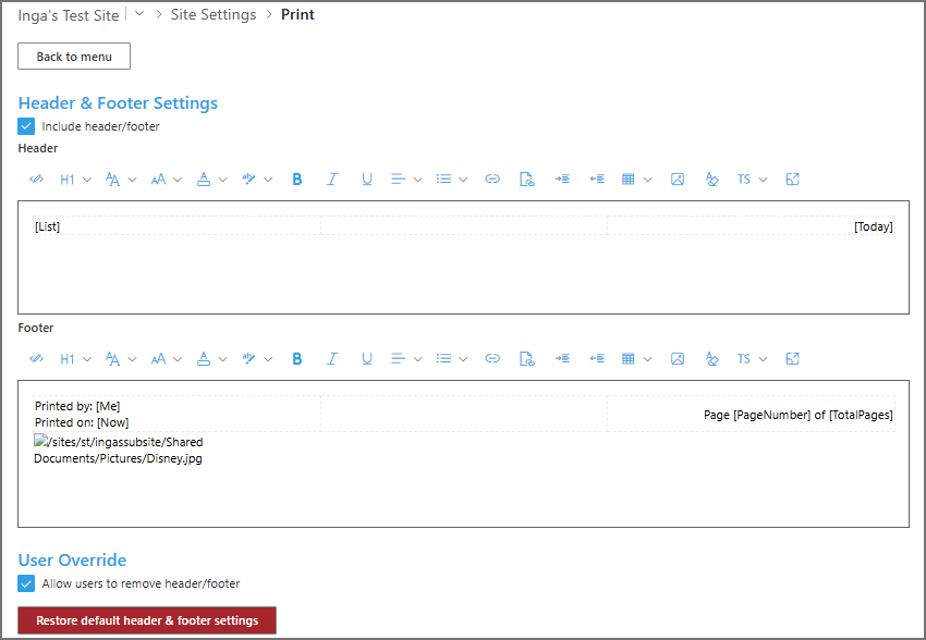 Use this settings page to configure the header and footer for the generated PDF.