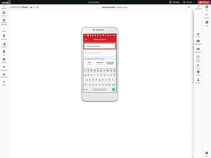 The app under test automatically detects the location set.