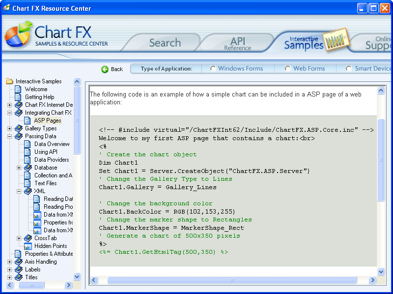 Integrating a chart into an ASP file is as simple as creating and instantiating the chart object, setting the desired chart properties and finally invoking a method (GetHtmlTag or GetHtmlData) that allows the Chart FX server component to generate the appropriate HTML output (images or active components) supported by the browser posting the page request