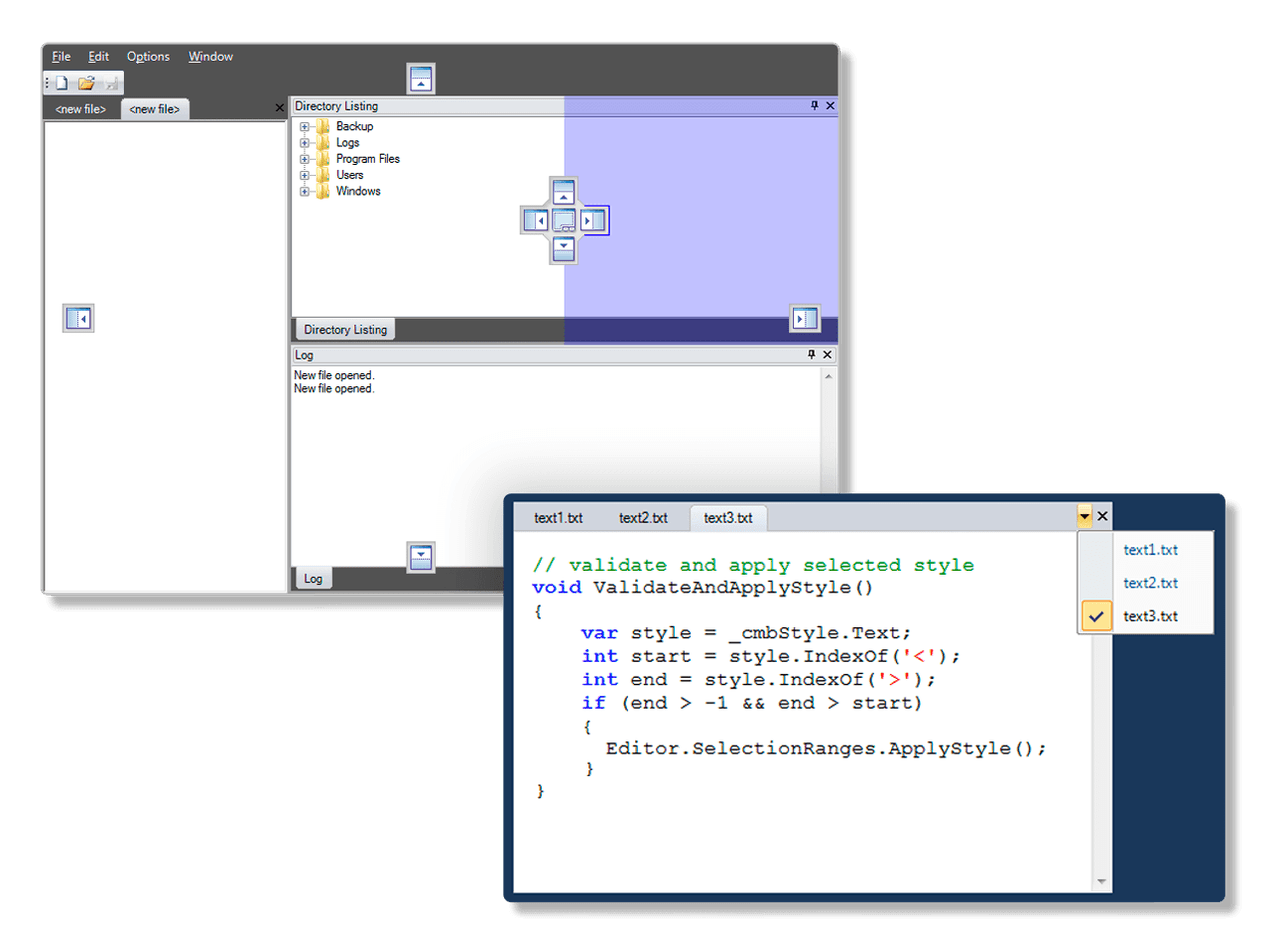 Create a familiar tab control workspace in WinForms - featuring a flexible docking behavior and styling just like Visual Studio itself.