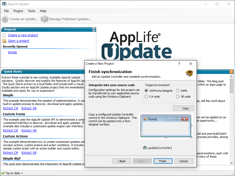 To set up a new project, specify where your updates be hosted, how you would like to control versioning and if your updates require permissions elevation. You can utilize any http, ftp, UNC or file path location to host your updates. There are no server requirements, except that your application must be able to connect to this location.