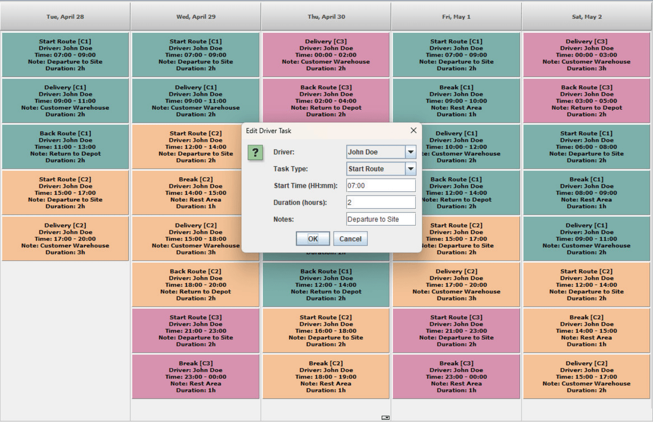 Driver Schedule - Manage fleet lanes, handle overlapping tasks, and integrate custom management dialogs for streamlined logistics. 