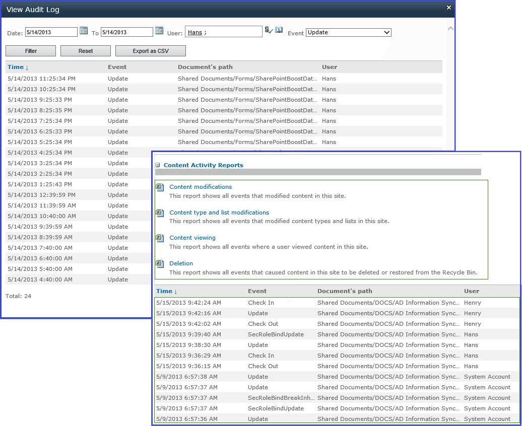 View audit information at SharePoint item and list level.