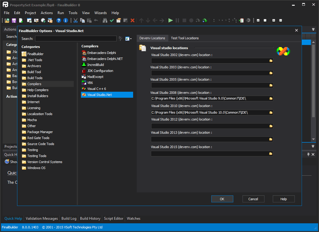 Select from a number of different compilers, Borland Delphi, JDK Configuration, MadExcept, Borland Delphi for .NET, Visual C++ 6, Visual Basic 6, Visual Studio .NET, Chrome and IncrediBuild.