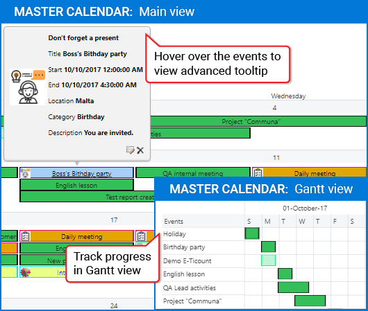 A SharePoint calendar for event manipulation and team collaboration.