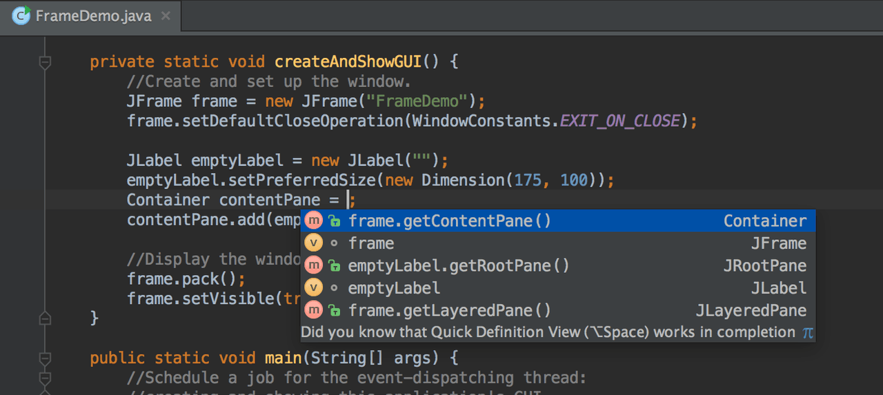 Digs a tad deeper than Smart Completion and lists applicable symbols accessible via methods or getters in the current context. Say you're looking for a value of Project and only have the Module module declaration. Press Ctrl+Shift+Space twice to get module.getProject() without any additional effort.