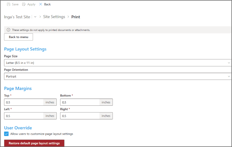 Use this settings page to configure the following print layout properties.