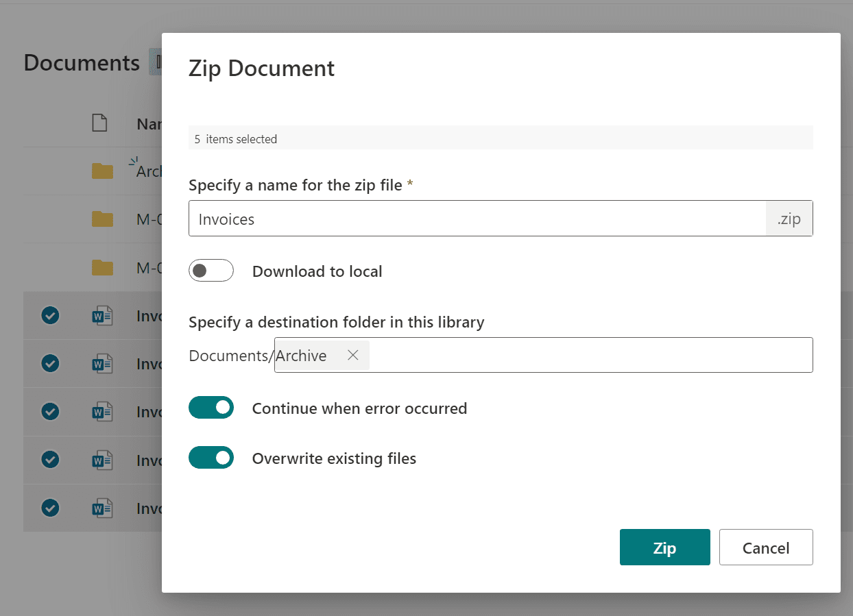 Upload and extract zip files in a SharePoint Online document library and download multiple documents as a zip file.