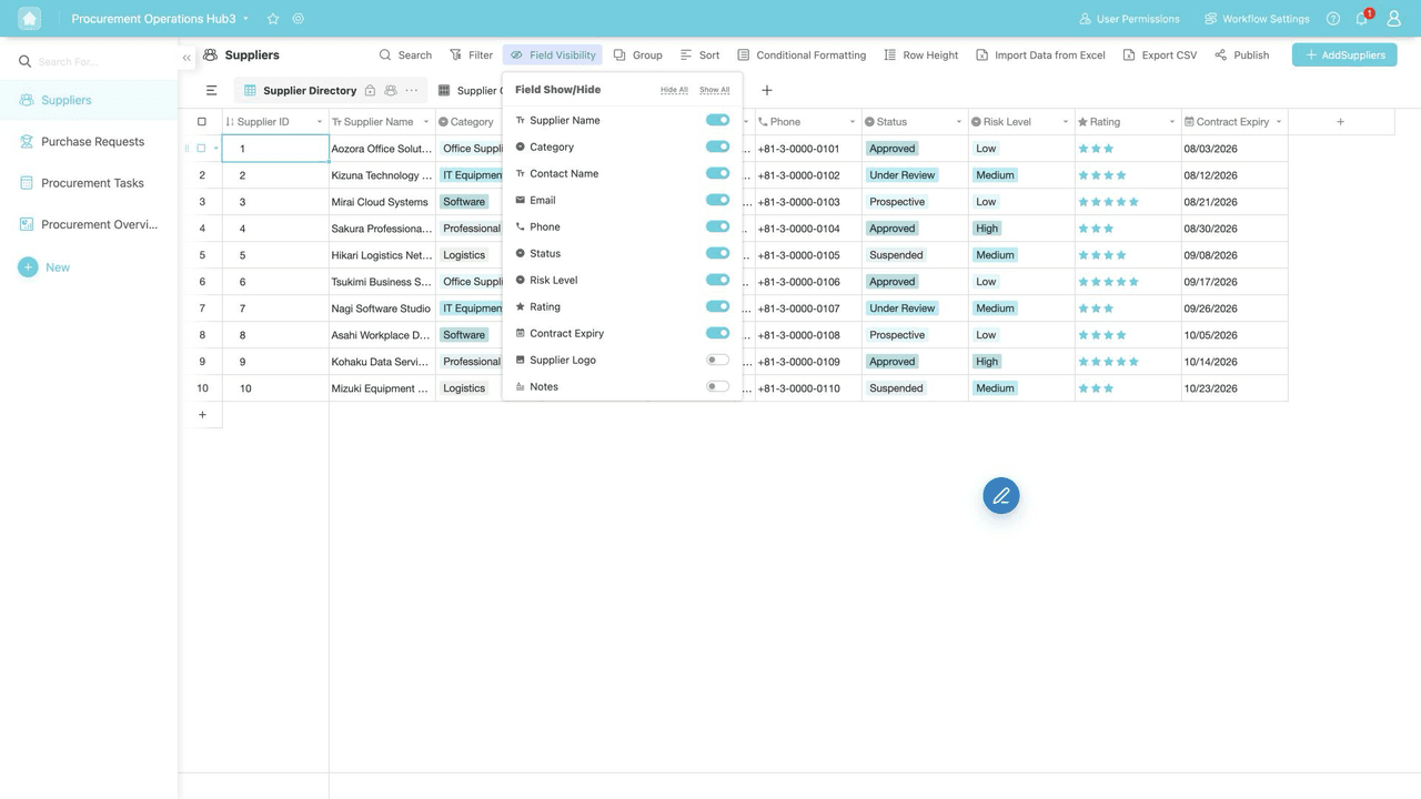 Rich Field Types- Field controls expose text, choice, email, phone, rating, date, image, and notes columns.