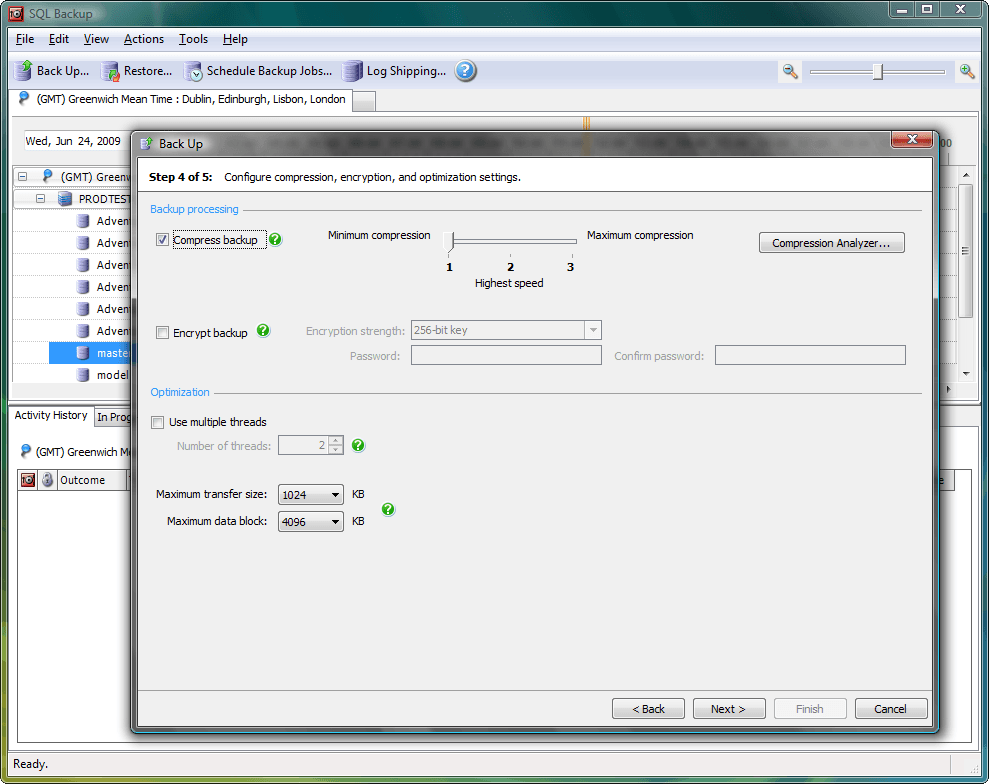 With SQL Backup's compression, your backup files are usually 50% to 95% smaller than native SQL Server backups. You can also encrypt your backup files using 128- or 256-bit key Advanced Encryption Standard encryption.
