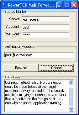 Use the POP control to retrieve all messages for a given source address and then use the SMTP control to forward those messages to a given destination.