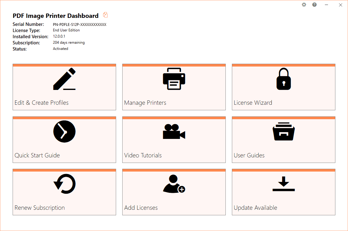 The PDF Image Printer Dashboard is the control center which brings all the tools for creating and editing profiles, managing printers, accessing help resources and product activation together in one place. Great place to quickly check your subscription expiry date or get notified about new updates.