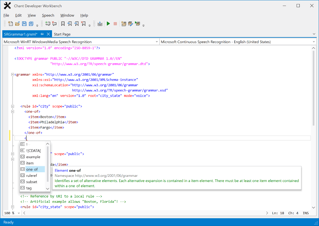 Edit SAPI 5, L&H BNF+, JSGF, and W3C speech recognition grammars faster with built-in intelliprompt that suggests valid grammar syntax.