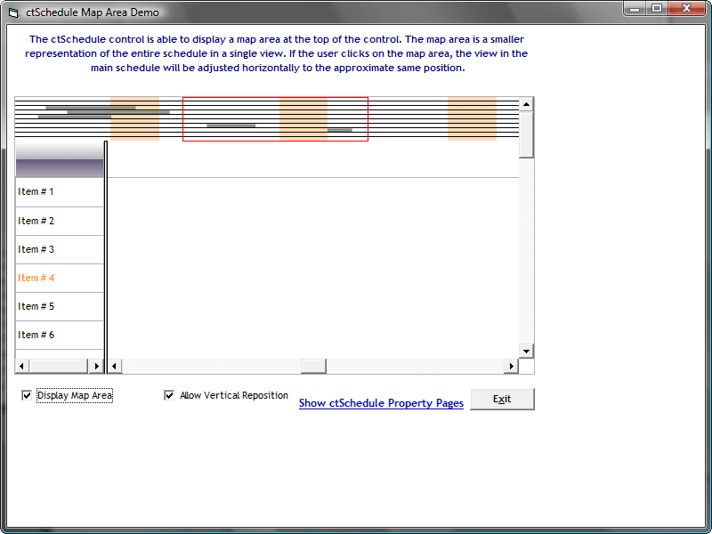 ctSchedule control is able to display a map area at the top of the control. The map area is a smaller representation of the entire schedule in the single view.