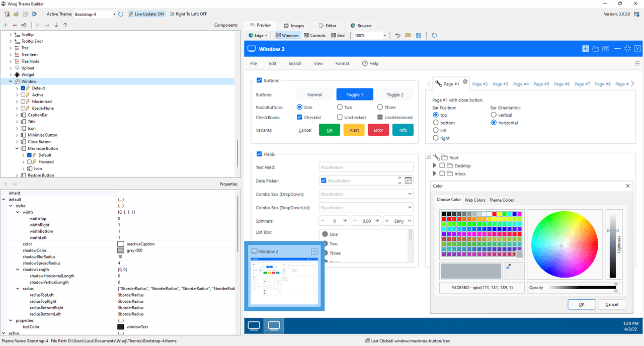 Incredibly powerful and flexible theme builder. It’s a standalone single executable that can edit all aspects of Wisej single-file themes. It is also able to inspect and theme a live Wisej.NET application.