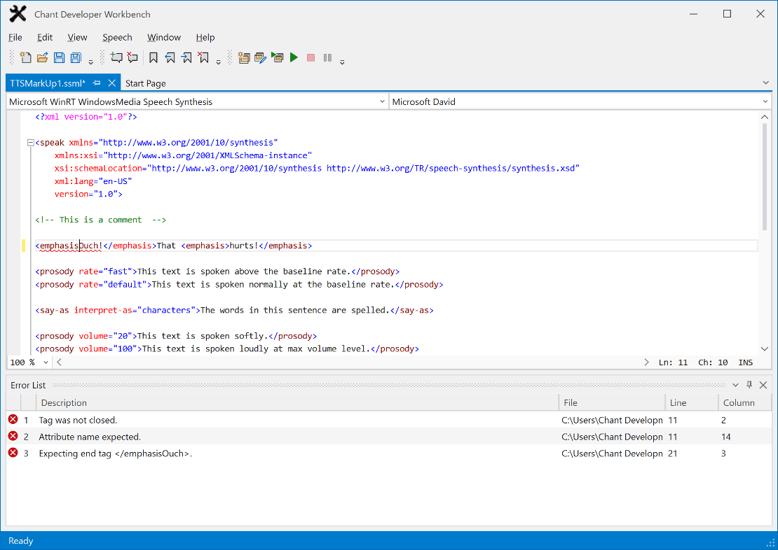 Automatic syntax checking displays visual cues and syntax error messages in the Error window. Click on the error to take you to the location of it in the document window.