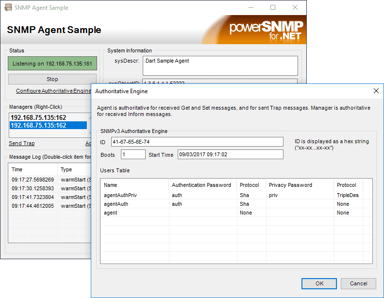 You can create an application with common SNMP agent functions, including responding to SNMP queries and sending unsolicited trap messages.