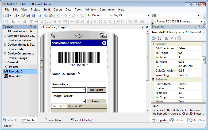 Add advanced barcode image generation to your .NET Smart Device Applications such as Pocket PC, Smartphone, Windows CE .NET and Windows Mobile.