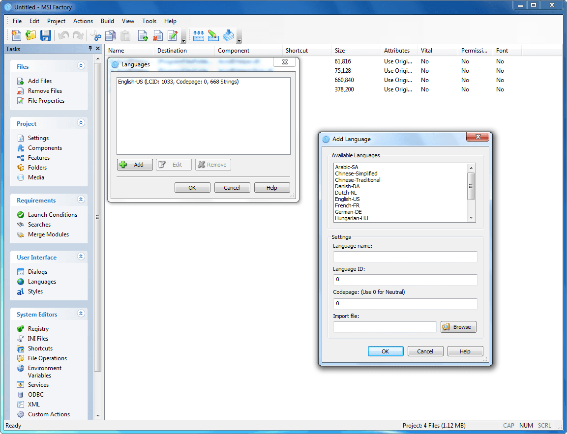 Extensive list of actions included MSI Factory 2.0 comes standard with actions including registry editing, shortcut icons, file operations, INI files, environment variables, custom VBScript/JScript, file permissions, installing and controlling services, XML editing, working with ODBC and much more.