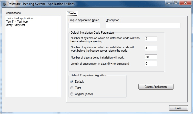 Select an application from a list of applications defined on the current server. All other License Manager functions work on the currently selected application. The currently selected application also appears on most dialog captions.