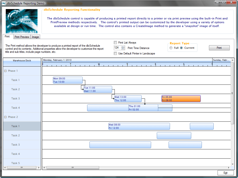dbiSchedule control is capable of producing a printed report directly to a printer or via a print preview using the built-in Print and PrintPrevieew methods respectively.