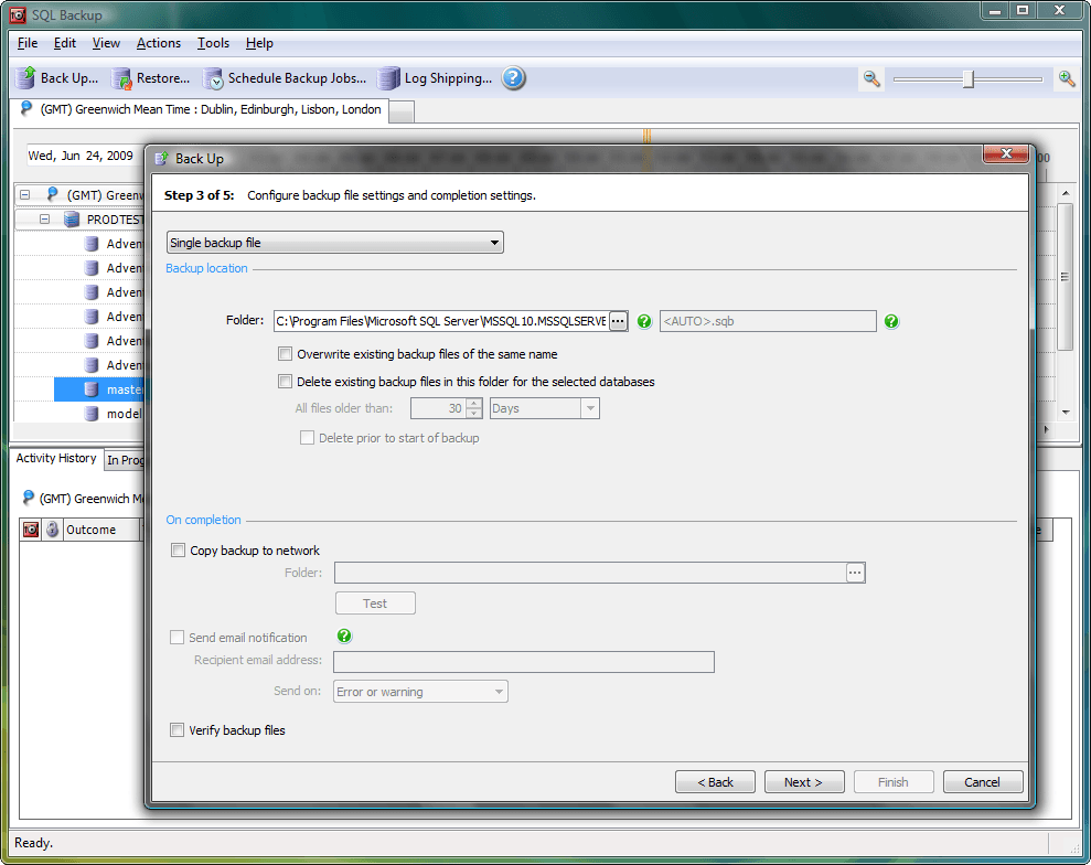 SQL Backup provides a wizard for you to specify the locations and file names for your backups, and for managing existing backup files. Choose:

Single backup file - to create each backup as a single file. 

Single backup file, mirrored to second location - to create the backup as a single file and simultaneously make a duplicate of the backup during the backup process. This option is only available when you have selected a single database to back up. During the backup process, a warning is raised if any of the files cannot be written. However, the backup process continues as long as at least one specified backup file can be written. If none of the files can be written, an error is raised and the backup process is stopped.

Split backup into multiple files - to store each backup across a number of files. Splitting the backup can speed up the backup process if backing up to a single file does not fully use the Input/Output capacity of your disks. For a single database backup, you can split (or 'stripe') your backup files across a number of disks. For multiple database backups, you can specify the number of files to split each database backup into (on the same disk). All backup files must be available when you restore the backup.