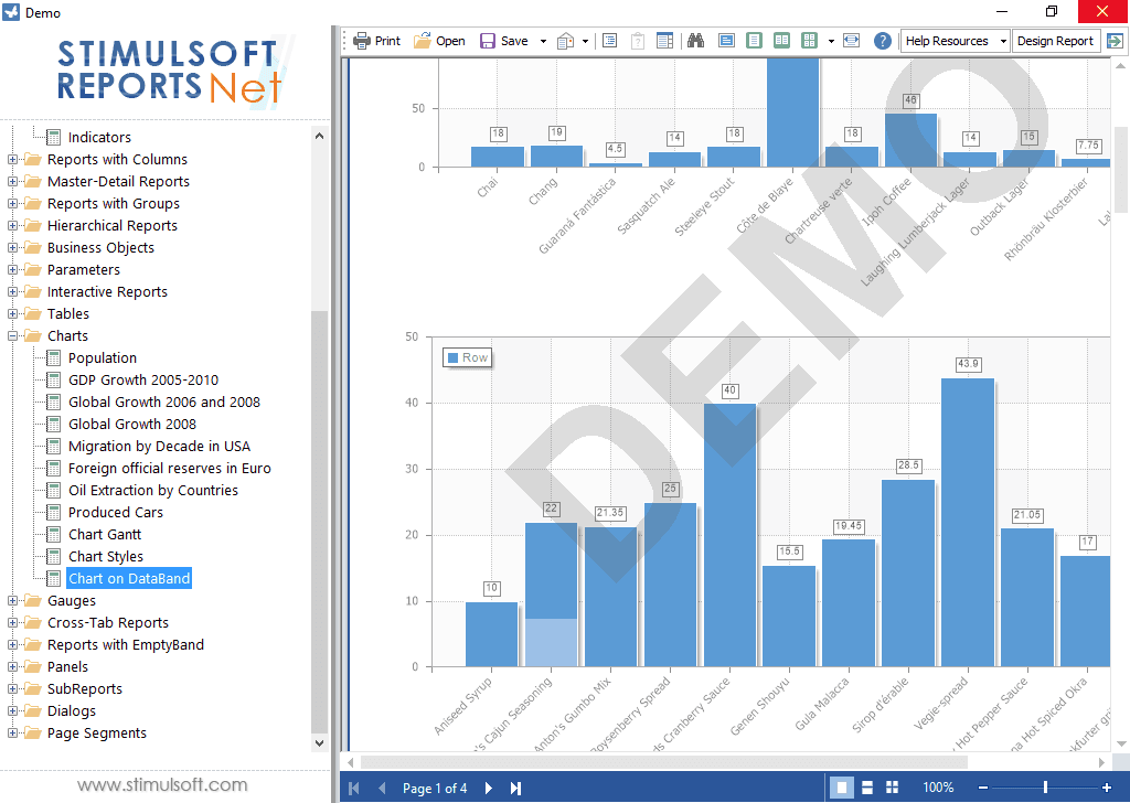 Stimulsoft Reports offers full set of graphic objects: images, charts, graphic primitives (the Shape component), barcodes, RTF text and CheckBox.