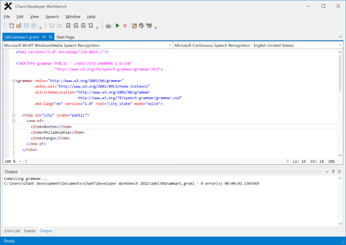 Compile and test grammars with a click of a button. Review compiler messages in the output window. Speak into a microphone to test grammar.