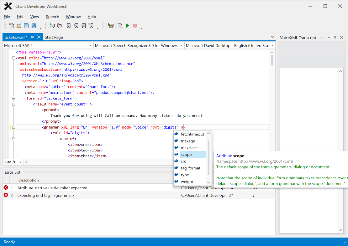 Edit inline speech recognition grammars and text-to-speech markup in addition to VoiceXML.