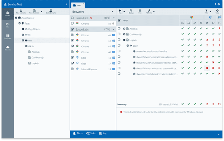Using Test Runner, you can run selected unit and functional tests on any or all of the browsers on a local machine, a connected mobile device, or on a browser farm. The local Test Runner can be used for test creation and debugging.