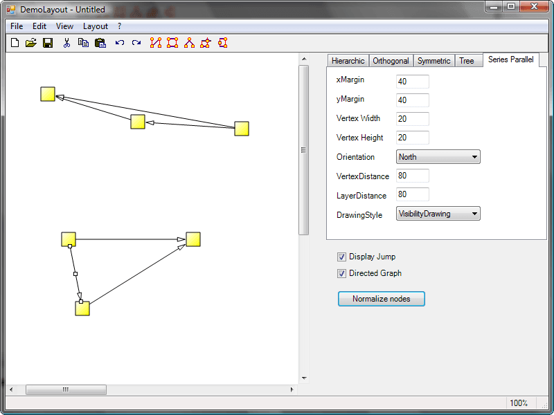 You can first create your nodes and links inside AddFlow.NET, using the AddFlow API, giving each node a random or a (0,0) position. Then you call the layout method of the graph layout control of your choice. This method will position the nodes and the links in a reasonable manner in the AddFlow control, following some aesthetic rules that depend on the chosen control.