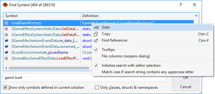 In a dialog that supports similar filtering, find any symbol in your solution.