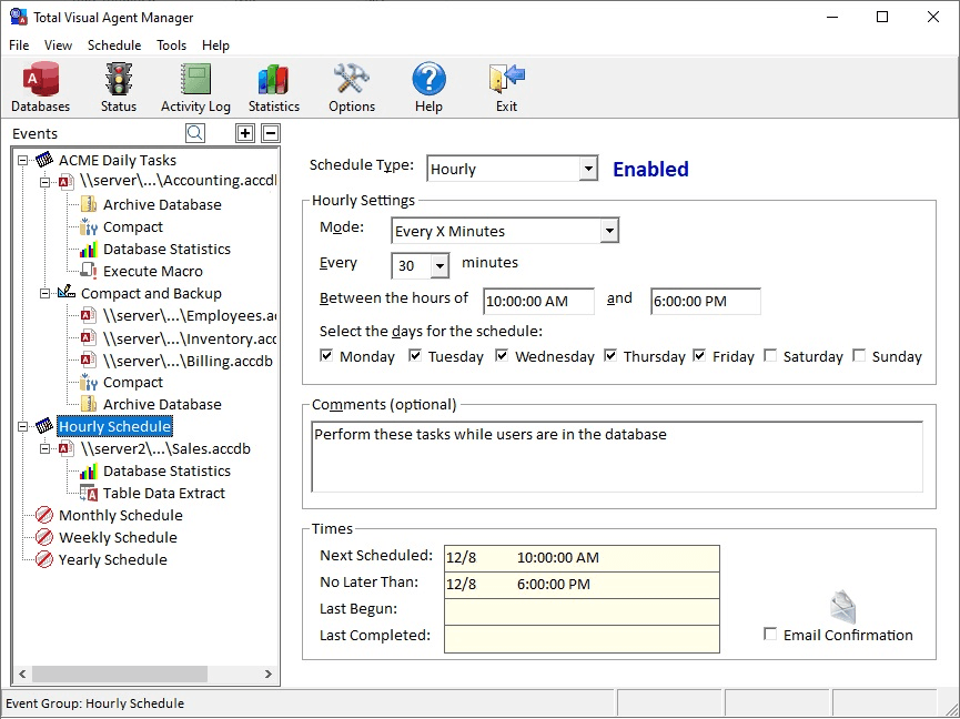 Automate and schedule repetitive Microsoft Access and Jet Engine Database tasks.