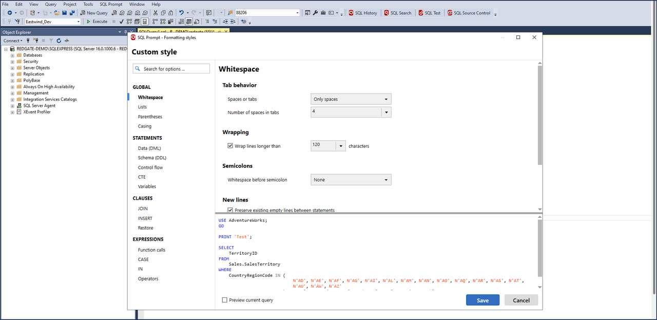 With SQL Prompt, you don’t have to worry about structuring your code as you write it. Simply write SQL your own way and use a shortcut to format your code into a team standard instantly. Same applies for reformatting legacy code, just press CTRL+K+Y to improve readability.