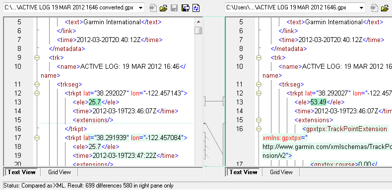 When you select two XML files to compare, DiffDog opens them side-by-side and indicates differences with colored highlighting and connecting lines.