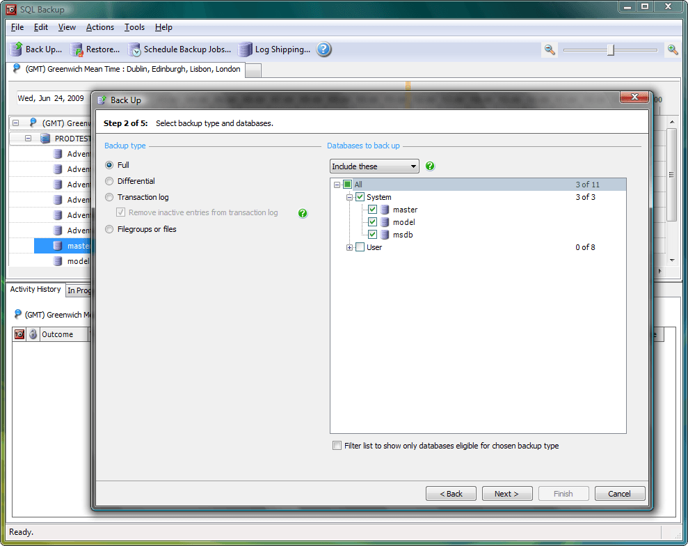 Select the type of backup you require:

Full - creates a complete copy of the selected database. 

Differential - creates a partial copy of the selected database. Only the changes since the last full backup was made are copied. You must create a full backup of the database before you can perform a differential backup.

Transaction log - copies all the log records that have been written to the live transaction log since the first full or differential backup and the last transaction log backup. You can back up the live transaction log only if the database uses the FULL or BULK LOGGED recovery model, and you have previously created a full backup. To truncate the live transaction log, select the Remove inactive entries from transaction log check box.

Filegroups or files - creates a backup of selected files and filegroups.