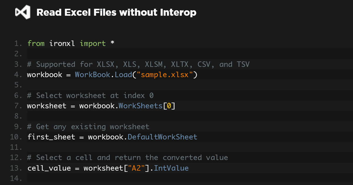 Read, edit and create Excel spreadsheet files with no need for Microsoft Office or Excel Interop.