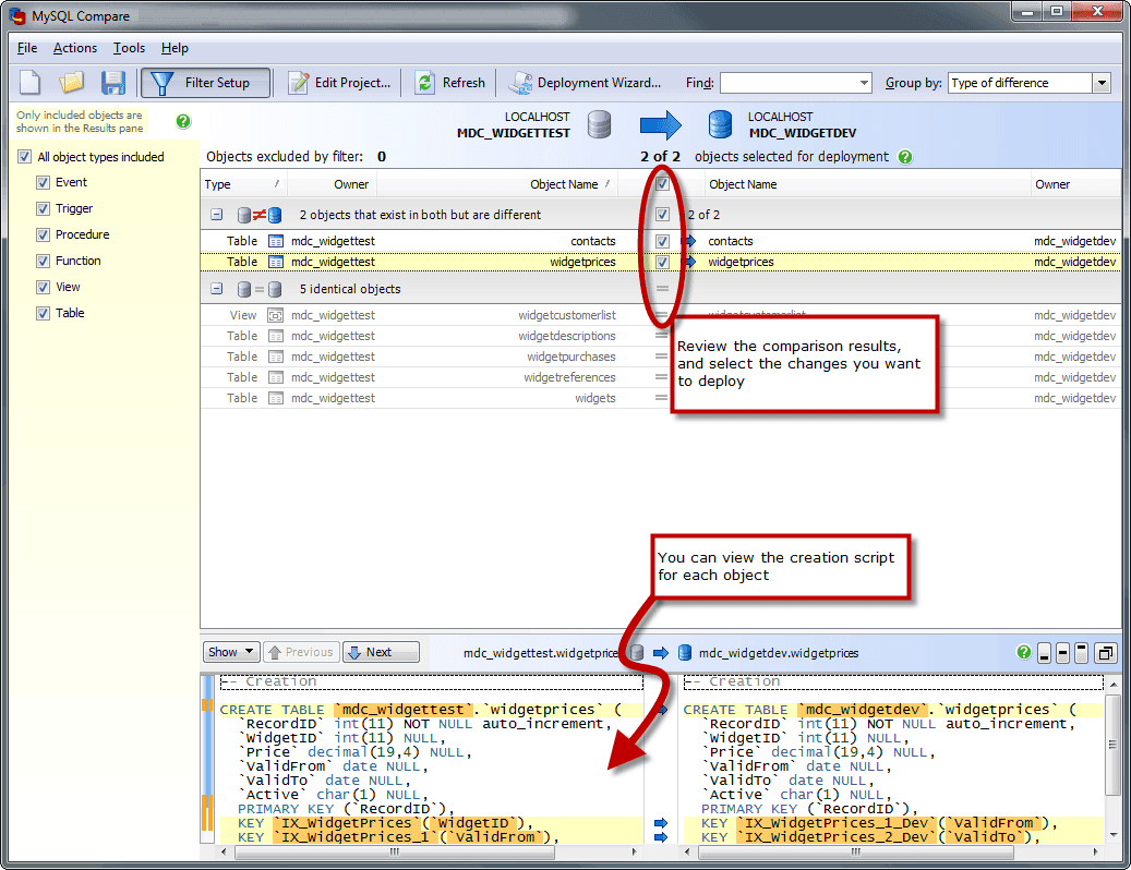 Compare and deploy MySQL schema and data changes.