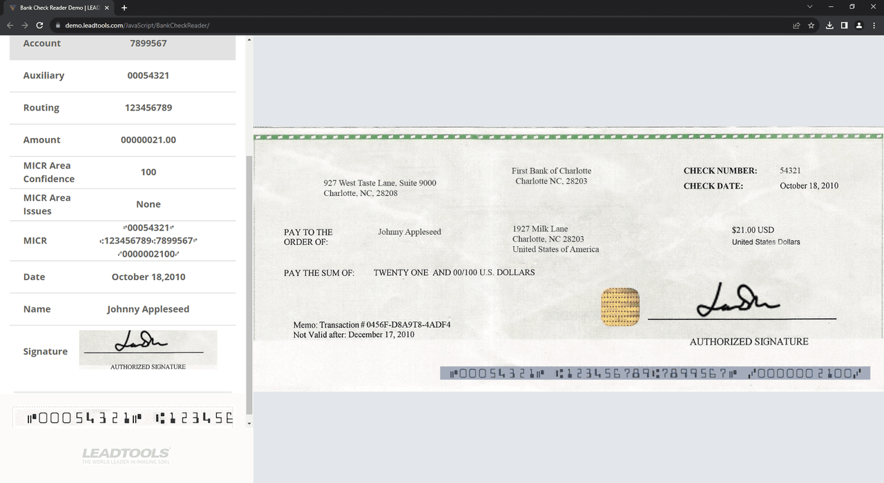 Read and parse MICR check data locally or in the browser.