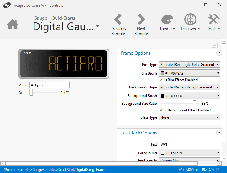 DigitalGauge can be used to recreate segmented led displays, such as odometers in modern cars. The DigitalGauge can also scroll the text displayed to the left or right using a configurable interval. This allows long text to be presented to the end-user using a marquee effect