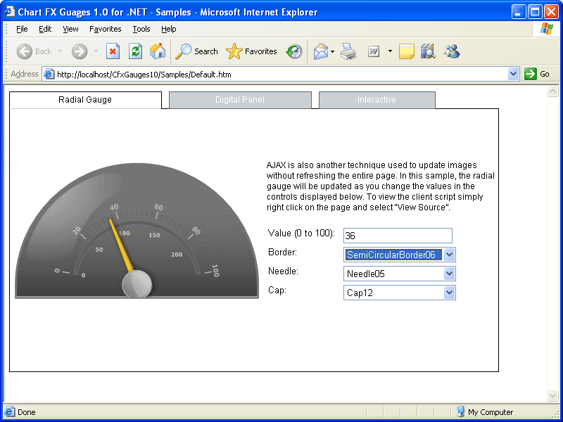 You can use the AJAX technique to update images without refreshing the entire page. For example a user could type text in an entry box and this could be displayed as a "Ticker" using a horizontal gauge or they could select a value from a drop down list and this could automatically update a radial gauge.