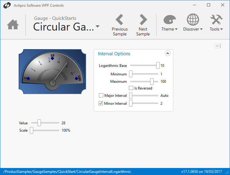 The CircularGauge and LinearGauge support logarithmic scales with a configurable base. Logarithmic scales can be useful when more sensitivity is needs for lower values, since smaller values are spaced further apart.