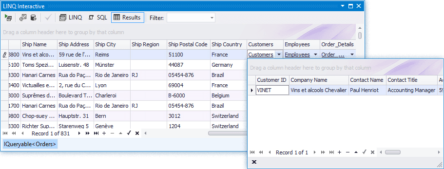 You may browse related objects in two ways. First, you may click the drop-down arrow in the cell with this property, and its contents will be presented in a new grid without hiding the original data. Another way is to click the underlined object (or collection) property in the grid, and the grid will be filled with the contents of this property.