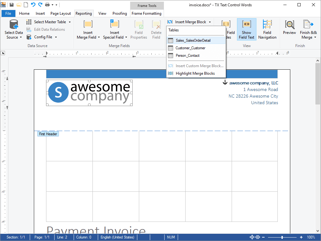 The DataSourceManager provides all information required to create a fully-featured template designer. Like with MailMerge, a data source can be loaded from a DataSet, DataTable, Json, an object or XML.