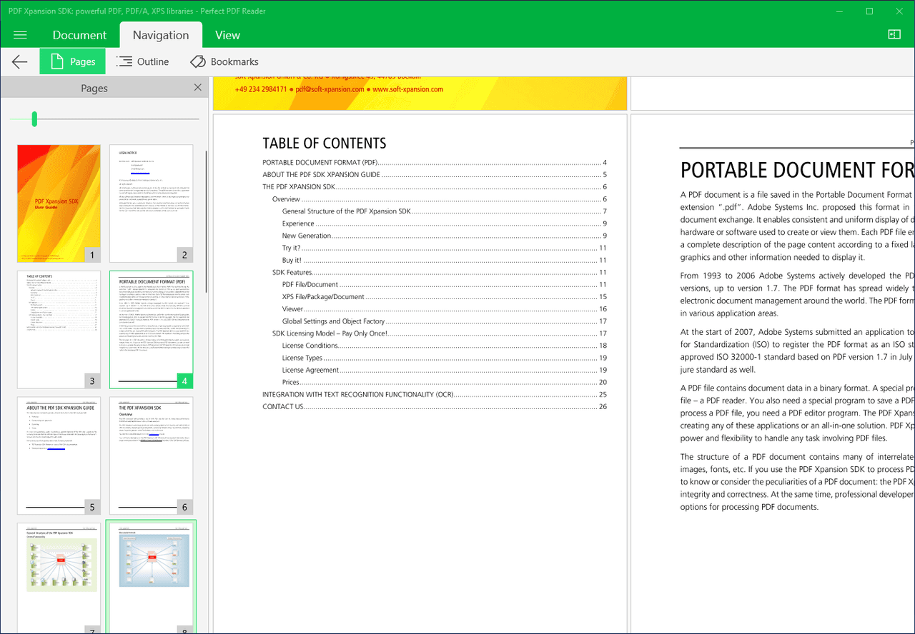 Navigate through PDFs via links and/or pages, including history.