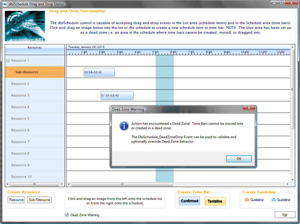 dbiSchedule is capable of acccepting drag and drop events in the List area (schedule items) and in the Schedule Area (time bars). Dead zones (an area in the schedule where time bars cannot be created, moved or dragged into) can also be defined.