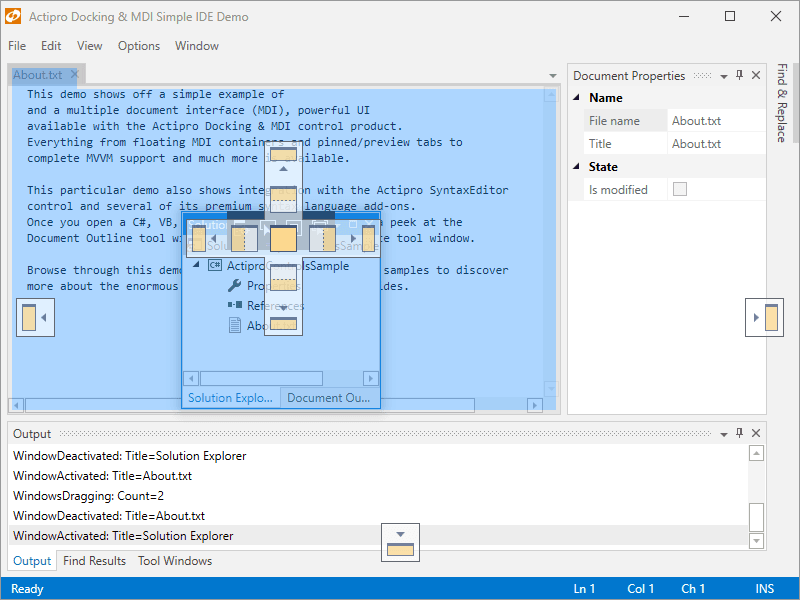 Actipro Docking & MDI is a complete solution for easily adding a docking tool window and/or multiple document interface to your WPF applications. Allow your end users to drag and dock tool windows wherever they please, and to persist their customizations.