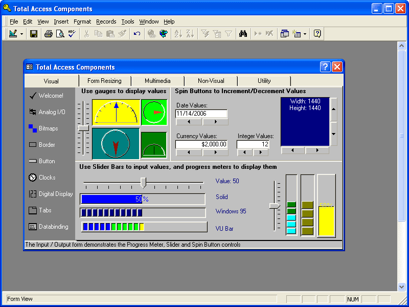 Total Access Components includes several controls ranging from features such as form resizing and splitter bars, to visual effects such as Outlook menus, sticky notes, rotated text, enhanced tabs, bitmap animation, pop-up menus, enhanced buttons, and video. You can even simplify programming by using our controls rather than complex Windows APIs for clipboard, common dialogs, and more.