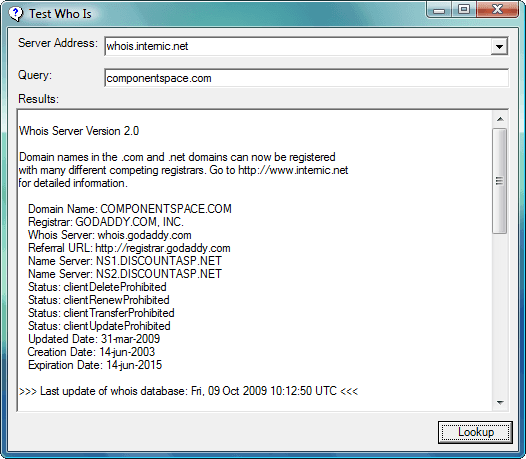 Perform domain registration, user, mailbox and related lookups against Whois (RFC-954) databases.